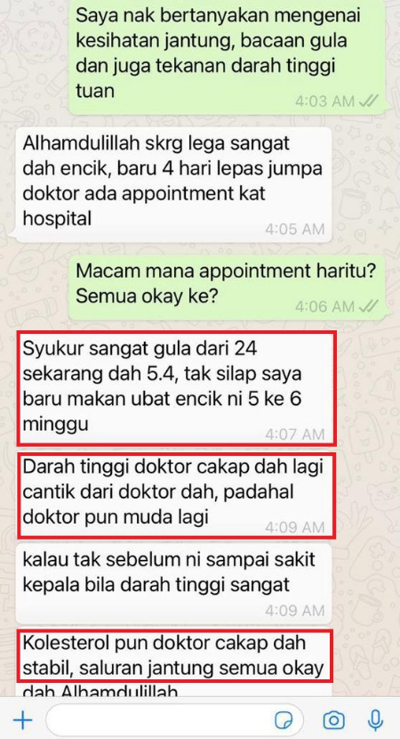 Disclaimer: Testimoni di atas adalah dari pengguna produk kami yang sebenar. Namun hasil mungkin berbeza mengikut keadaan dan kesihatan pengguna.